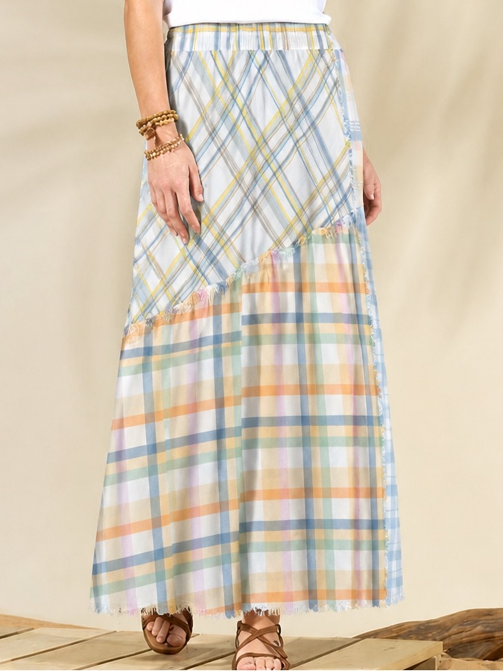 Cato Country Plaid Patch Summer Fringe Trim Maxi Skirt Medium